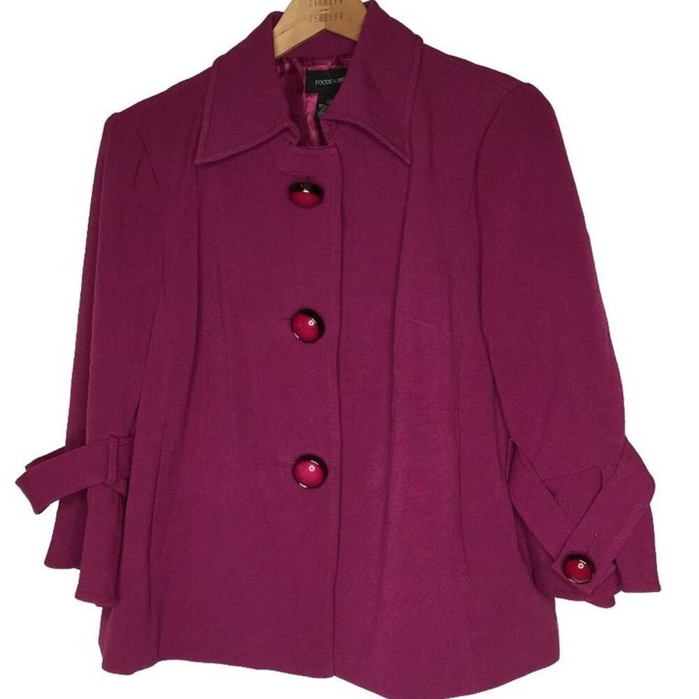 Focus 2000 Blazer Coat 3 LARGE Buttons 3/4 Sleeve VINTAGE Purple Sz 12 Big Cuffs